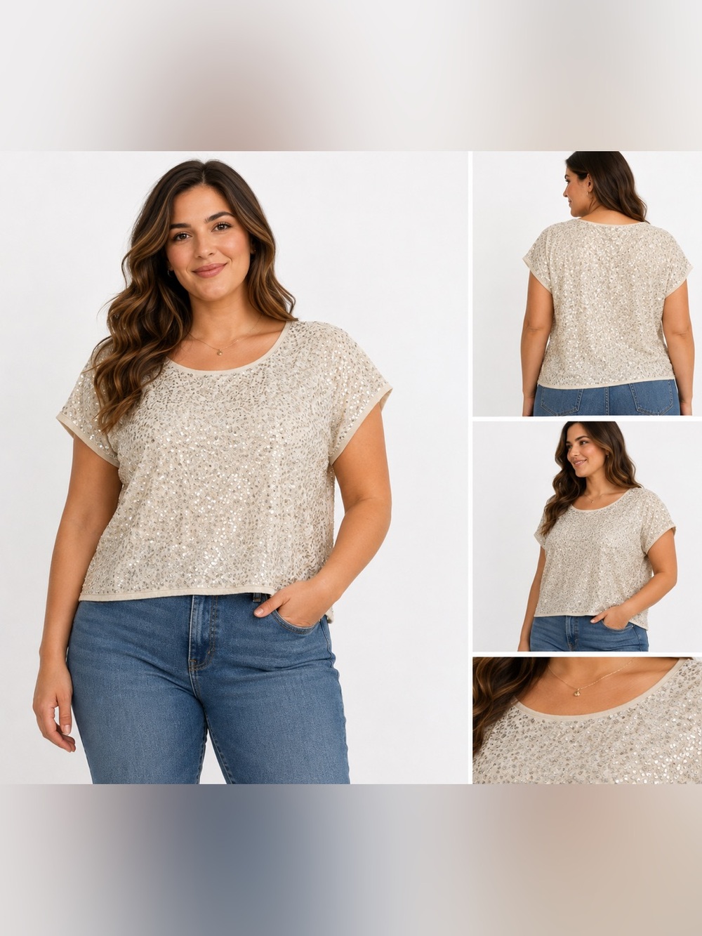 H&M Champagne Sequin Top Large Sparkly Short Sleeve Party Holiday